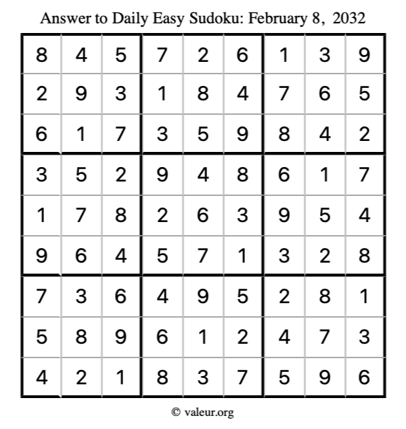 Answer to easy sudoku February 8, 2032
