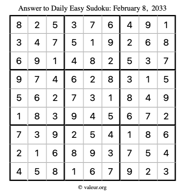 Answer to easy sudoku February 8, 2033