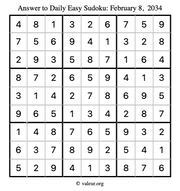 Answer to easy sudoku February 8, 2034