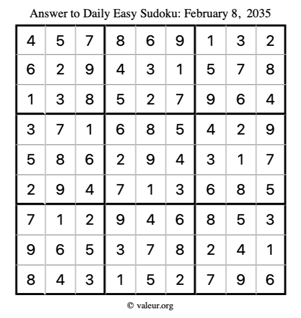 Answer to easy sudoku February 8, 2035