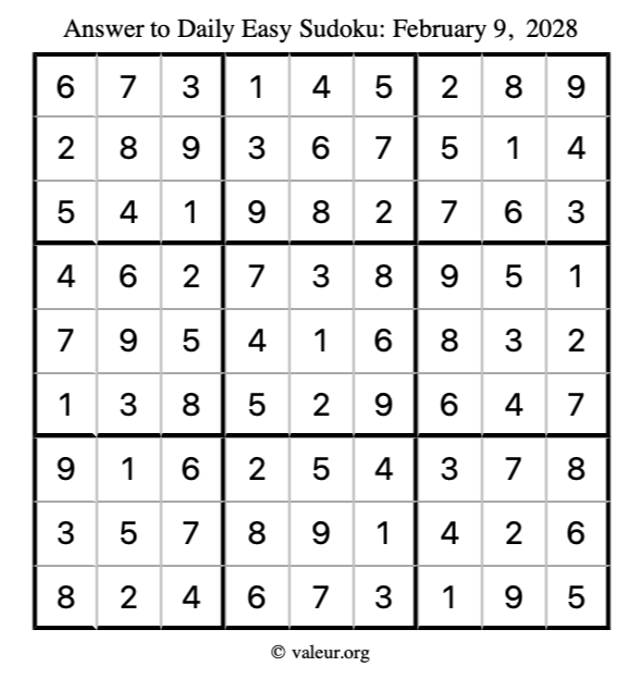 Answer to easy sudoku February 9, 2028