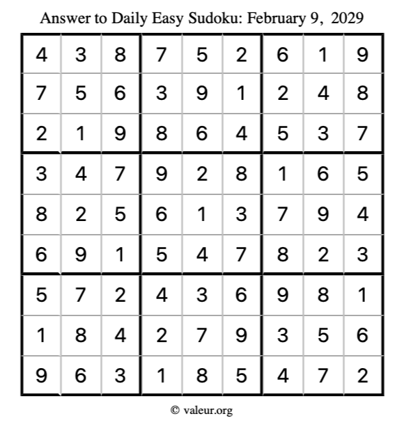 Answer to easy sudoku February 9, 2029