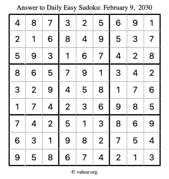 Answer to easy sudoku February 9, 2030