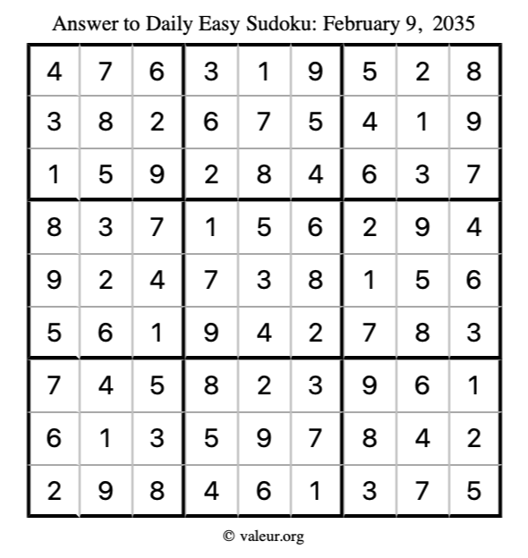 Answer to easy sudoku February 9, 2035