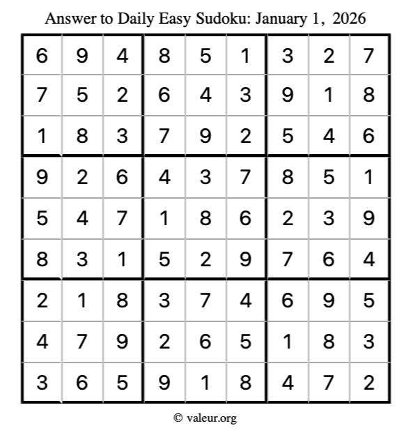 Answer to easy sudoku January 1, 2026