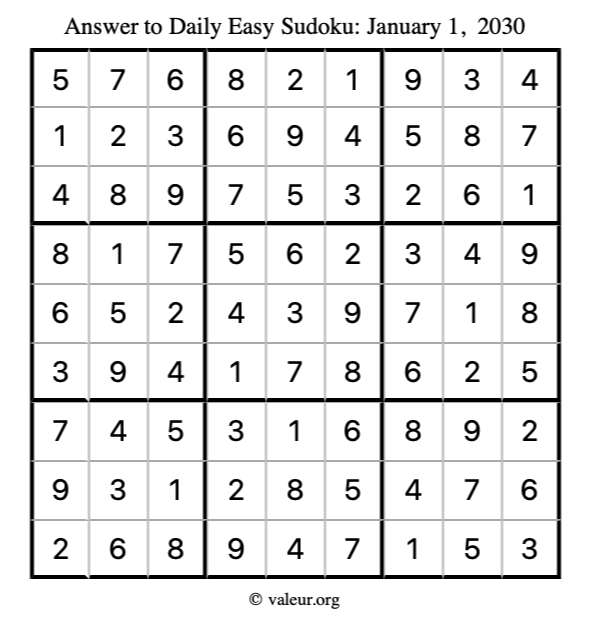 Answer to easy sudoku January 1, 2030