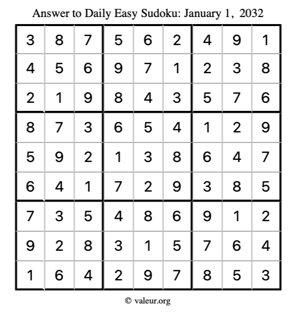 Answer to easy sudoku January 1, 2032