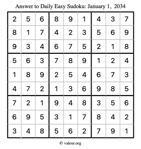 Answer to easy sudoku January 1, 2034