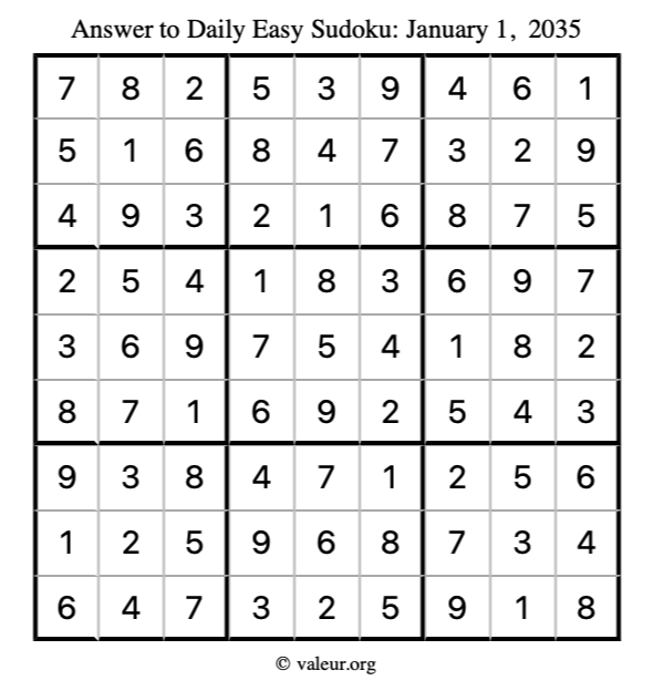 Answer to easy sudoku January 1, 2035