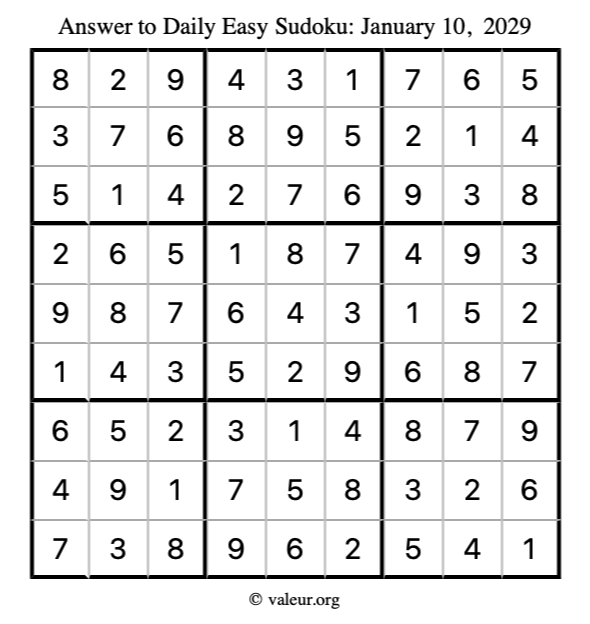 Answer to easy sudoku January 10, 2029