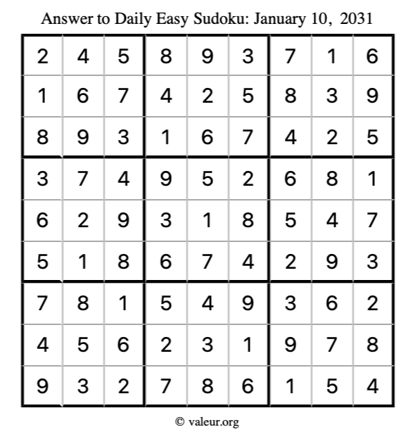 Answer to easy sudoku January 10, 2031