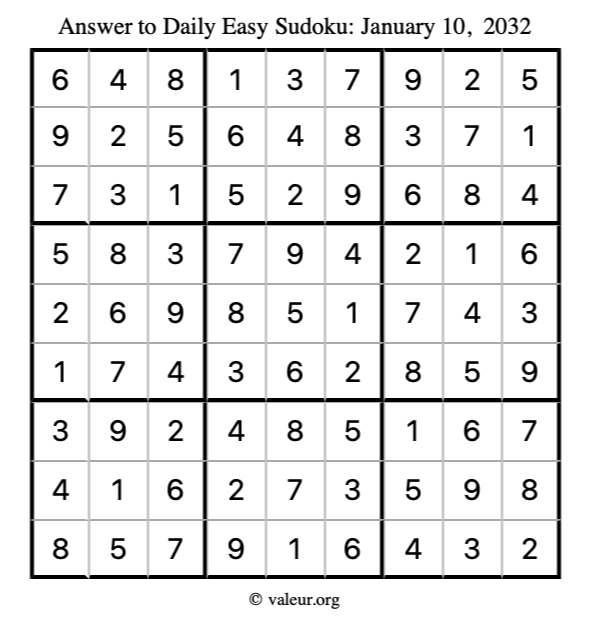 Answer to easy sudoku January 10, 2032