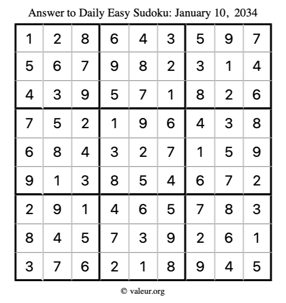 Answer to easy sudoku January 10, 2034