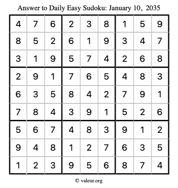 Answer to easy sudoku January 10, 2035