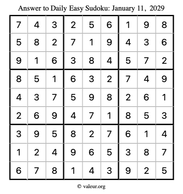 Answer to easy sudoku January 11, 2029
