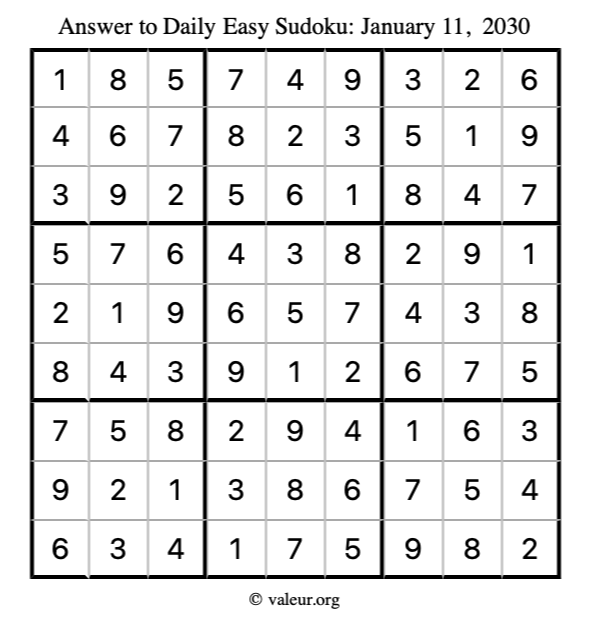 Answer to easy sudoku January 11, 2030