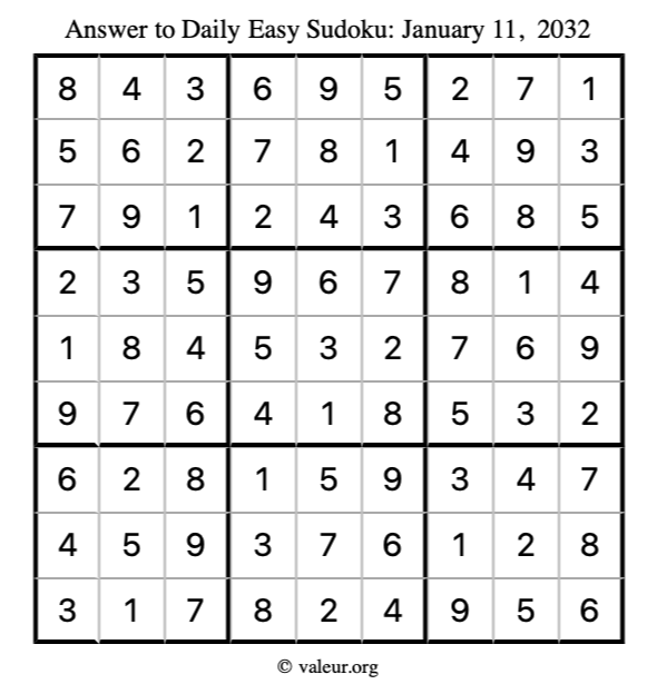 Answer to easy sudoku January 11, 2032