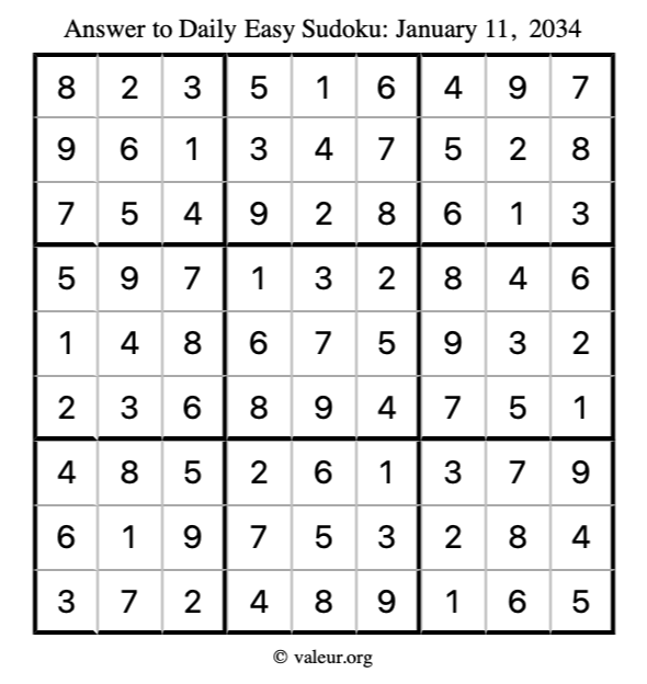 Answer to easy sudoku January 11, 2034