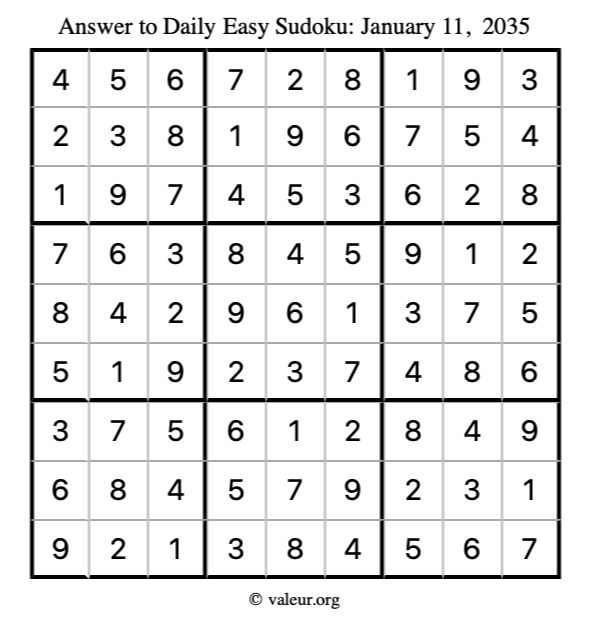 Answer to easy sudoku January 11, 2035