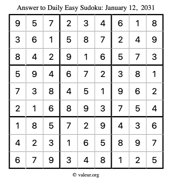 Answer to easy sudoku January 12, 2031