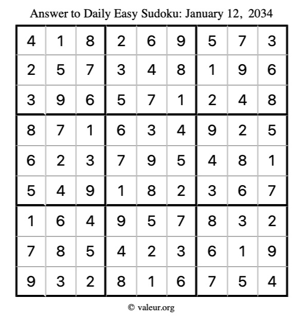 Answer to easy sudoku January 12, 2034