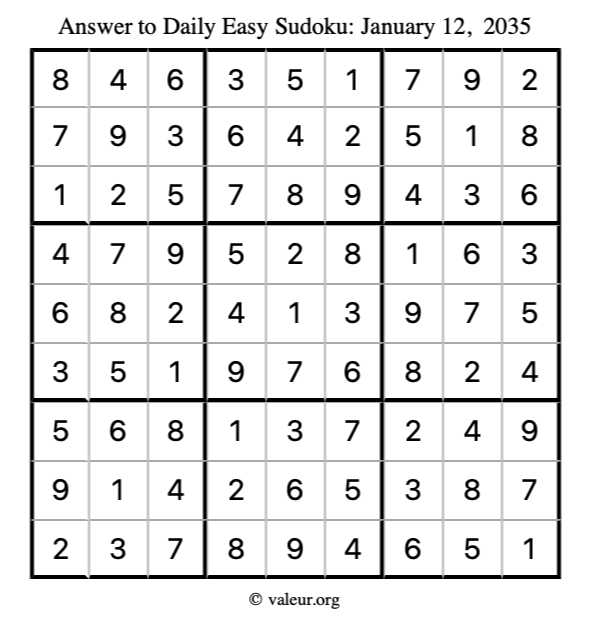 Answer to easy sudoku January 12, 2035