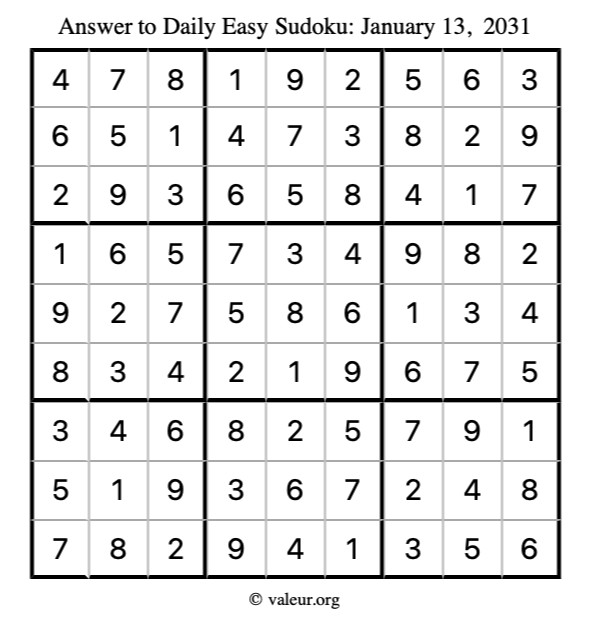 Answer to easy sudoku January 13, 2031