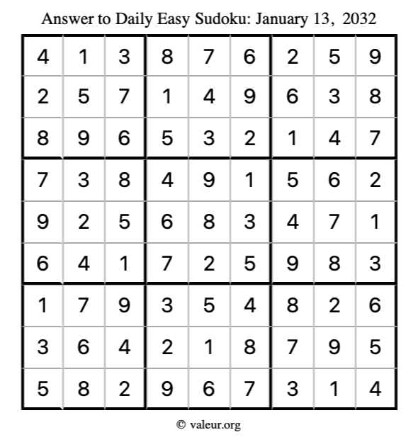 Answer to easy sudoku January 13, 2032