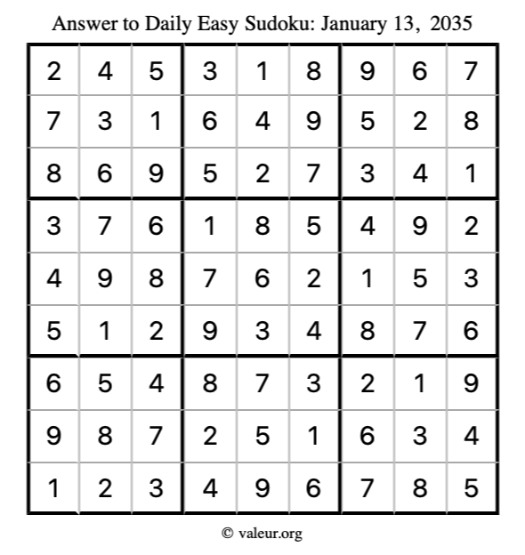 Answer to easy sudoku January 13, 2035