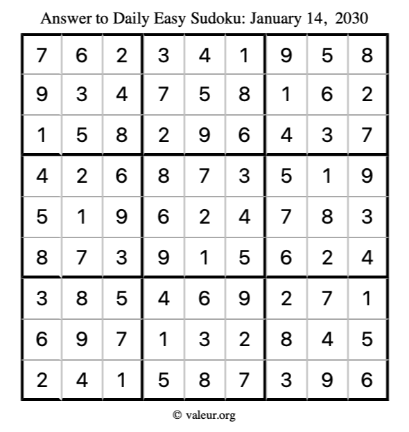 Answer to easy sudoku January 14, 2030