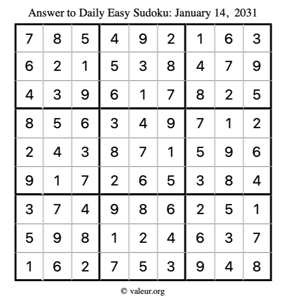 Answer to easy sudoku January 14, 2031