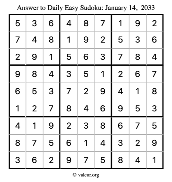 Answer to easy sudoku January 14, 2033