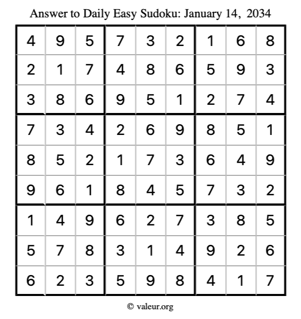 Answer to easy sudoku January 14, 2034