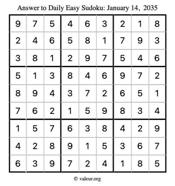 Answer to easy sudoku January 14, 2035