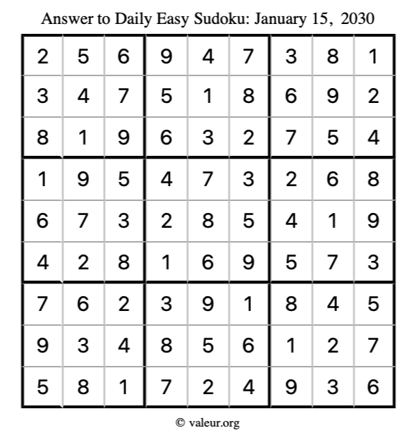 Answer to easy sudoku January 15, 2030