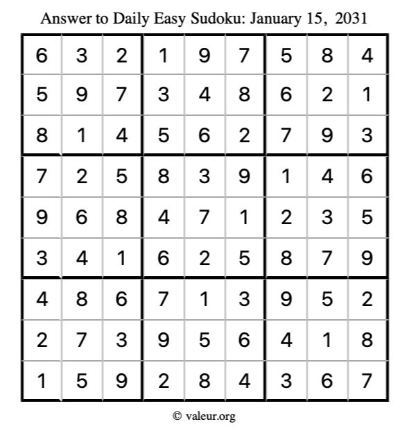 Answer to easy sudoku January 15, 2031