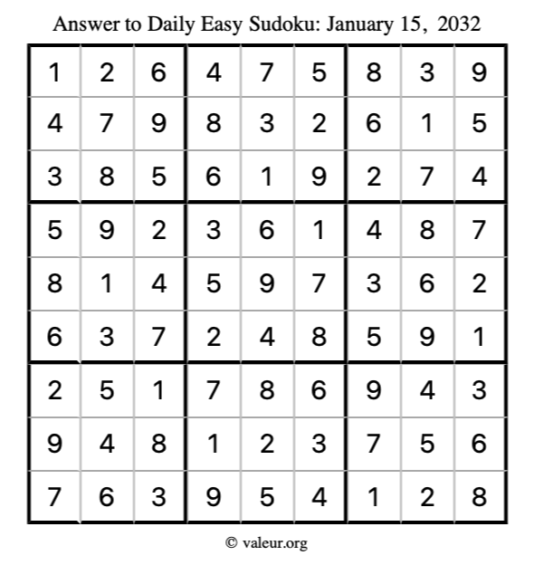 Answer to easy sudoku January 15, 2032