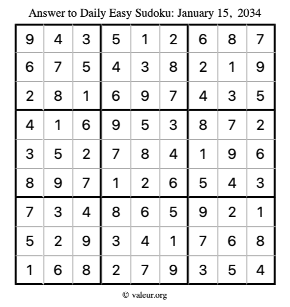 Answer to easy sudoku January 15, 2034