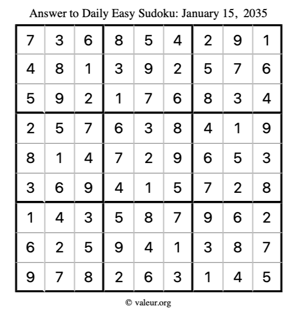 Answer to easy sudoku January 15, 2035