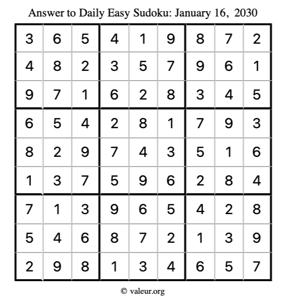 Answer to easy sudoku January 16, 2030