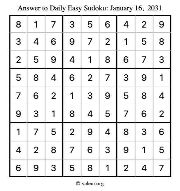Answer to easy sudoku January 16, 2031