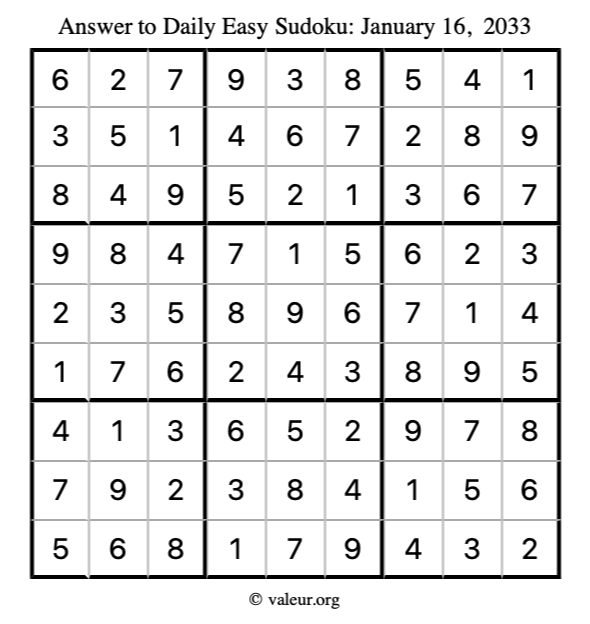 Answer to easy sudoku January 16, 2033