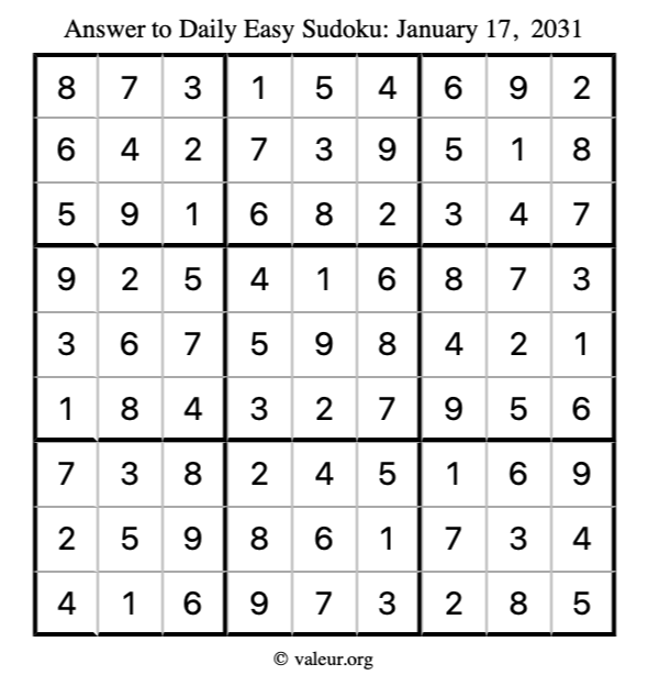 Answer to easy sudoku January 17, 2031