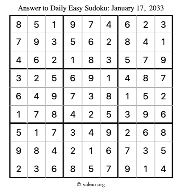 Answer to easy sudoku January 17, 2033