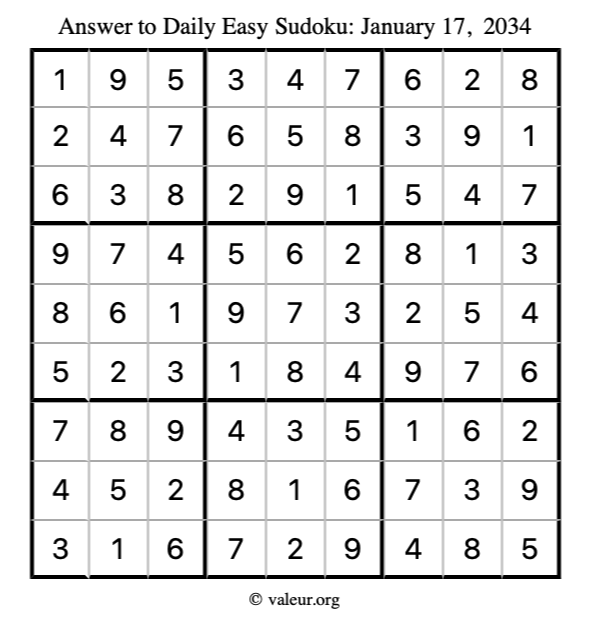 Answer to easy sudoku January 17, 2034