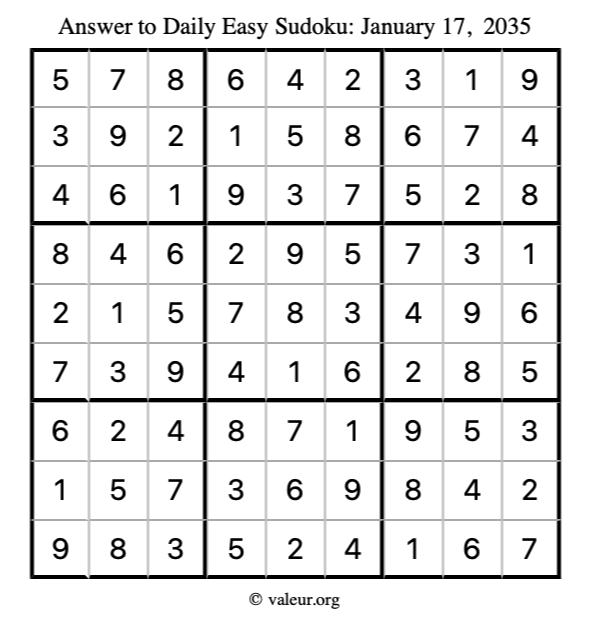 Answer to easy sudoku January 17, 2035
