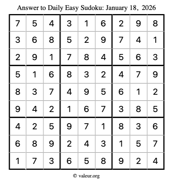 Answer to easy sudoku January 18, 2026