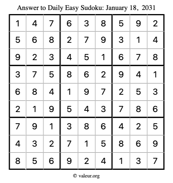 Answer to easy sudoku January 18, 2031