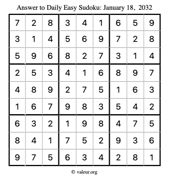 Answer to easy sudoku January 18, 2032
