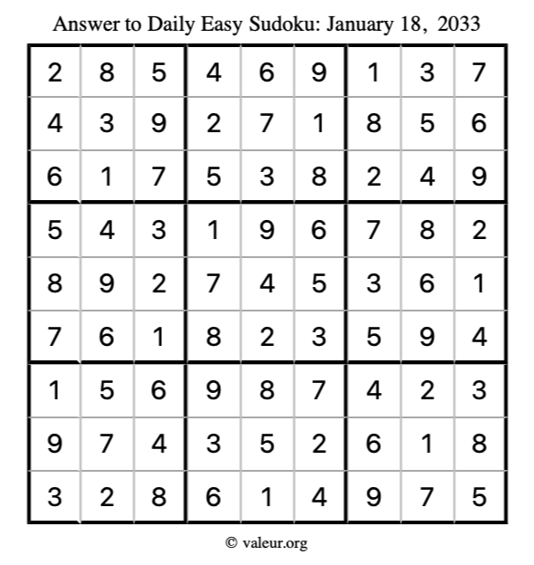 Answer to easy sudoku January 18, 2033